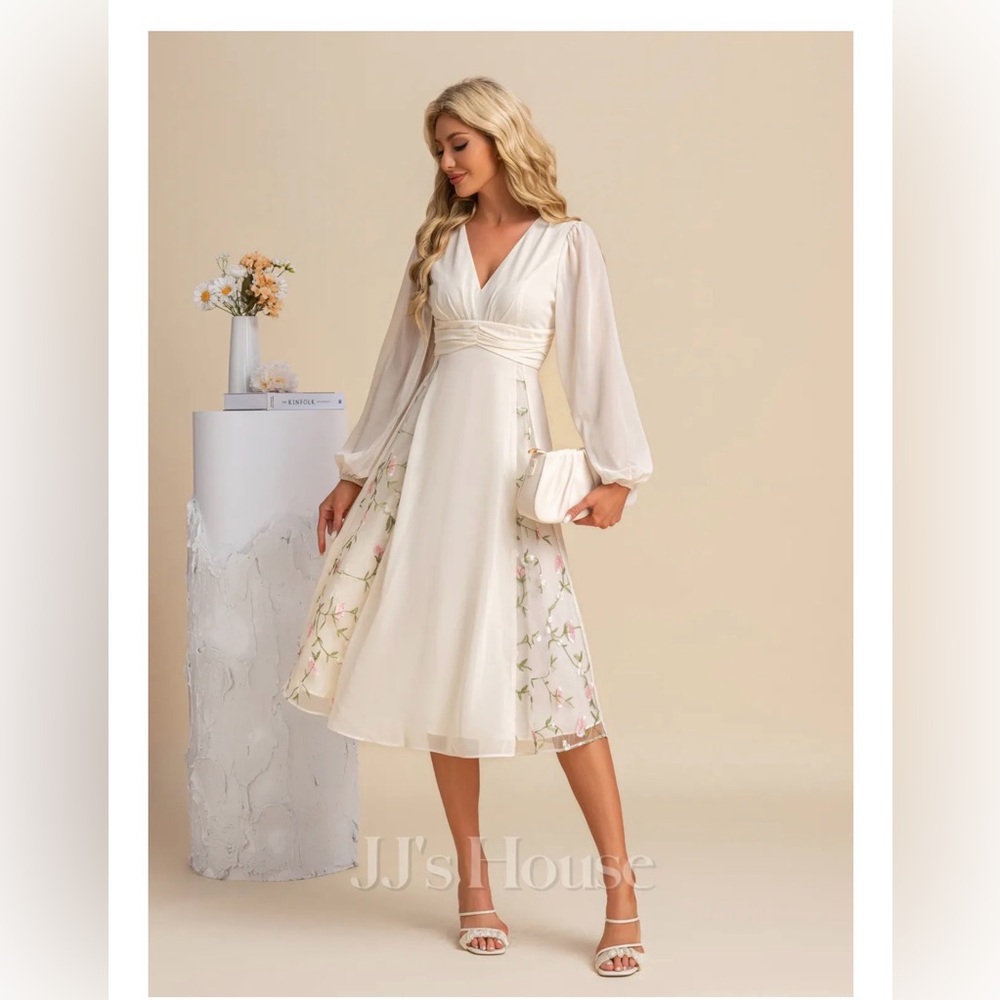 JJs House Ivory Midi Dress with Floral Side Panels